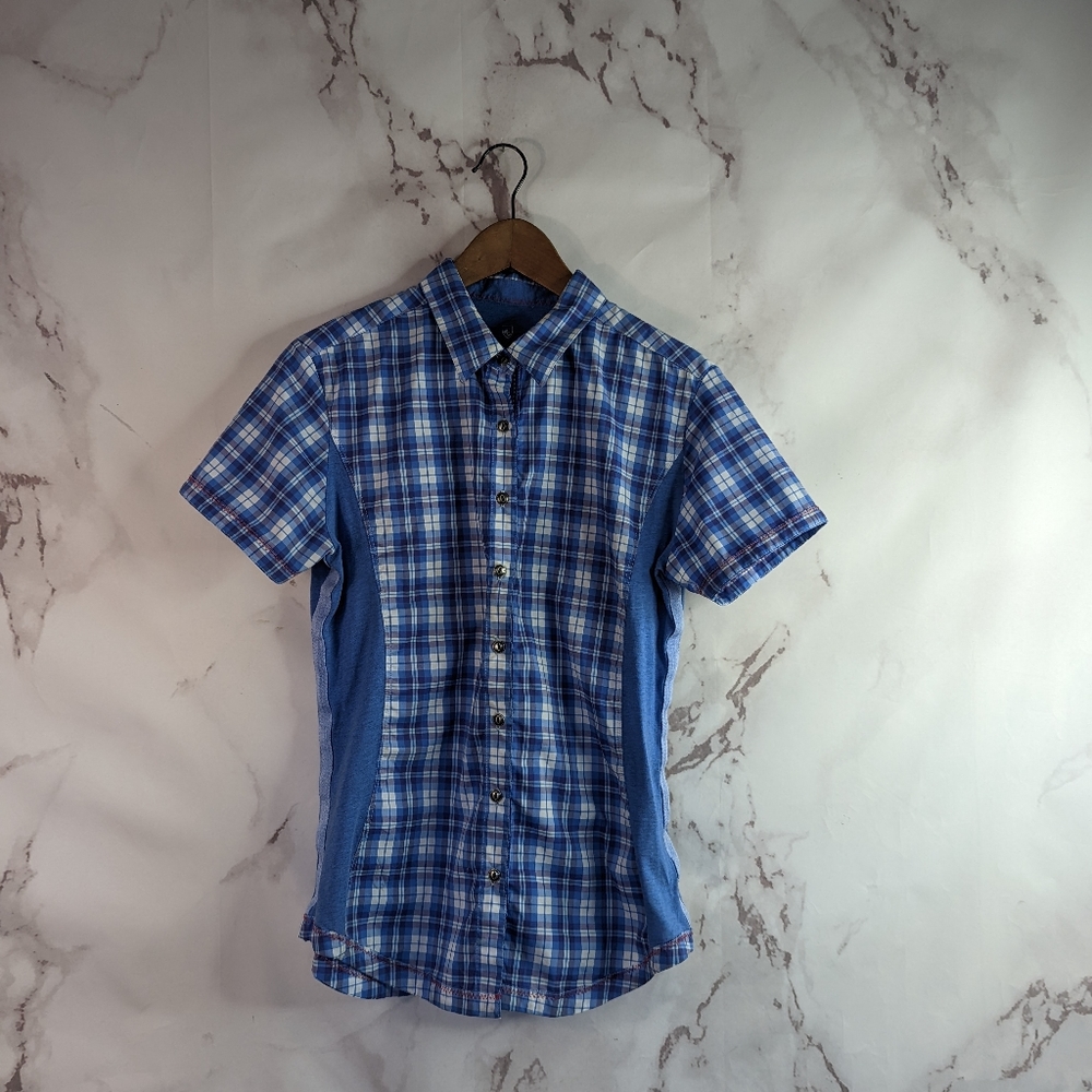 Kuhl Short Sleeve Button Up Shirt Size Medium Blue Plaid Suono Women